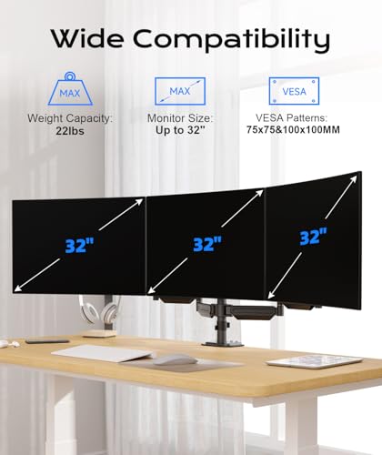 Pholiten Triple Monitor Mount for Desk, 2 Gas Spring Monitor Arms for 17-32 inches Screen, Fully Adjustable Heavy Duty Monitor Mount with Clamp & Grommet Mounting, Each Arm Holds 22 lbs - style: 3 monitor mount