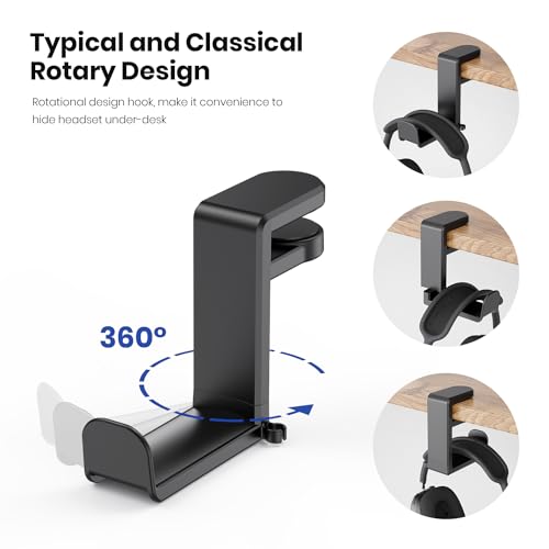 3in1 Rotating Headphone Holder - EURPMASK 3in1 PC Gaming Headset Holder w/Detachable Controller Holder, Adjustable Clamp-on Headset Stand,Headphone Hanger Hook Under Desk w/Cable Clip Organizer,Black - color: Gaming Combo Black