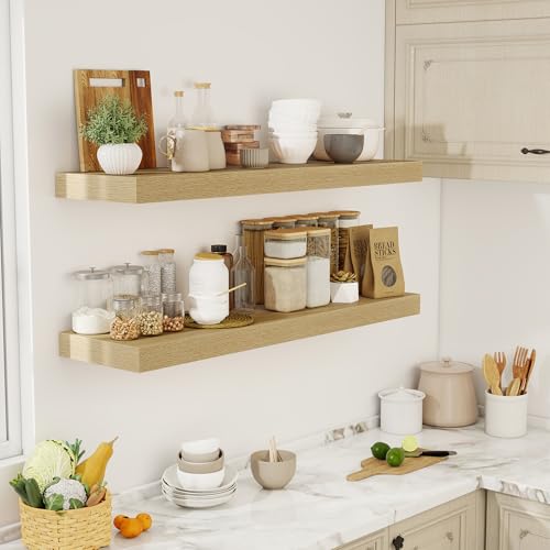 Acovy 48 Inch Floating Shelves, 12" Deep Floating Shelf Wall Mounted, 48" Wall Shelves, Rustic Deep Bookshelf, Extra Deeper & Thicker Display Shelves for Bedroom, Living Room, Oak, Set of 2 - color: Oak, size: 12"Wx48"L-2pcs