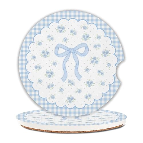 Blue Bow Car Coasters for Cup Holders Set of 2 Floral Absorbent Ceramic Cup Coaster 2.63" Non-Slip Cork Base Drink Coasters with Finger Notch Car Accessories Interior for Girls Women - color: Blue Bow