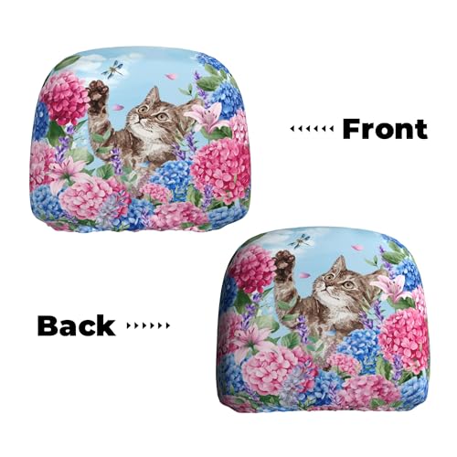 Funny Headrest Covers for Car Universal Lovely Cat Pattern Head Rest Cover for Women - color: Hydrangea Cat Blue