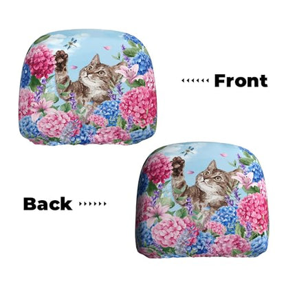 Funny Headrest Covers for Car Universal Lovely Cat Pattern Head Rest Cover for Women - color: Hydrangea Cat Blue
