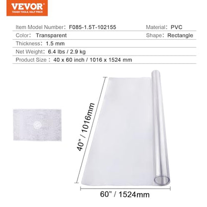 VEVOR Plastic Table Cover, 40 x 60 Inch 1.5 mm Thick Clear PVC Table Protector, Rectangle Desk Mat, Waterproof & Easy Cleaning Tablecloth, for Office, Dresser, Dining Room, Night Stand - size: 60" x 40" (Rectangular)