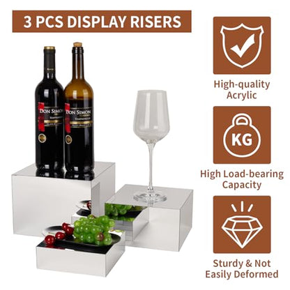 3 Pcs Silver Acrylic Risers Display Stands, Mirrored Nesting Cube Boxes Pedestal for Figures Collectible Jewelry Purse, Stackable Showcase Blocks, Food Display Buffet Risers for Dessert Cakes Catering - size: Silver 3pcs (6",7",8")