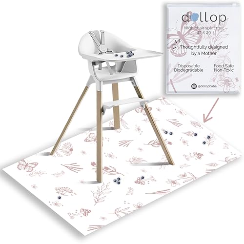Dollop Disposable Splat Mats (30-Pack) – Large 47” Water-Resistant High Chair Floor Protector – Baby Led Weaning & Toddler Meal Supplies – Biodegradable & Compostable (Rose Wildflower) - color: Rose Wildflower