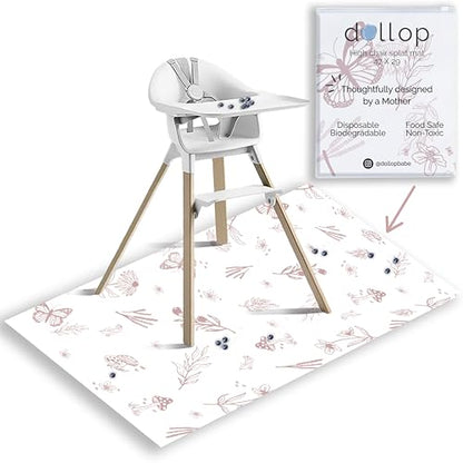 Dollop Disposable Splat Mats (30-Pack) – Large 47” Water-Resistant High Chair Floor Protector – Baby Led Weaning & Toddler Meal Supplies – Biodegradable & Compostable (Rose Wildflower) - color: Rose Wildflower