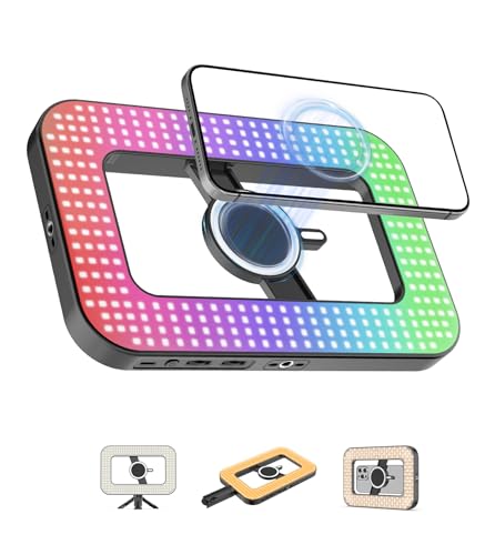 Magnetic 6000mAh RGB Selfie Ring Light for iPhone,448 LED Rechargeable Phone Light with Mini Tripod Stand, Double-Sided Magnet Handheld Stabilizer with Light for Magsafe/Phones/Video Recording/Photos