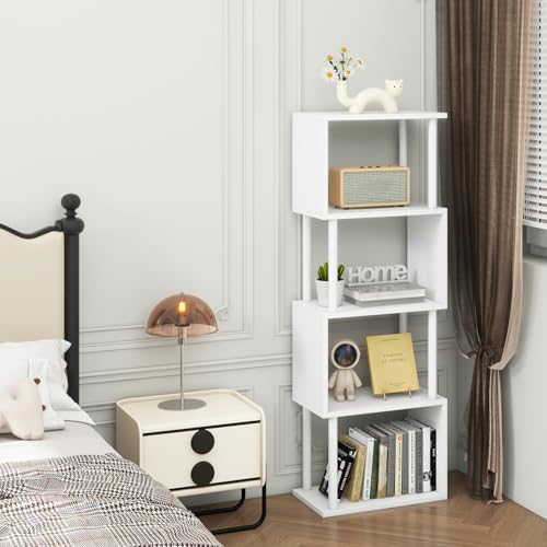 IBUYKE 5-Tier Tall Bookshelf,S-Shaped Geometric Bookcase, Wood Display Shelves with Storage,Modern Bookshelf for Living Room Bedroom, Home Office, White WBC015W - color: White, size: 5 Tier