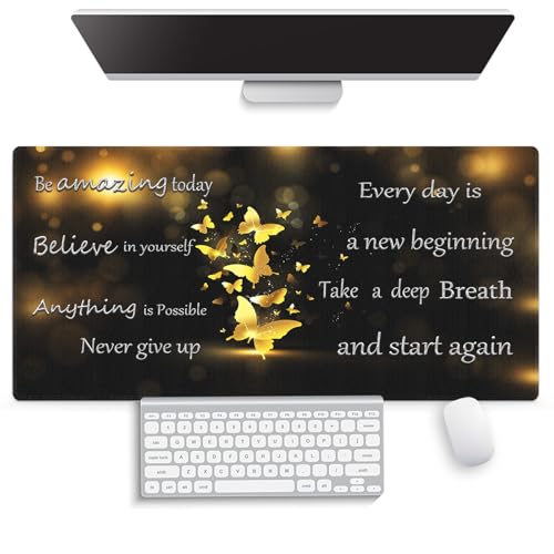 Large Gaming Mouse Pad (31.5" x 15.8")- Inspirational Quotes for a New Beginning Gold Butterflies, Extra XXL Office Accessories, Premium Stitched Anti-Slip Office Desk Mat - color: Golden Glitter