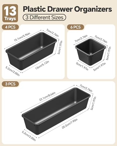 Canfanni 13 Pack Plastic Drawer Organizers Set, 3 Sizes Desk Drawer Organizer Trays for Vanity and Makeup Organizer, Organization and Storage for Makeup, Kitchen Utensils, Bathroom and Office(Black) - color: Black