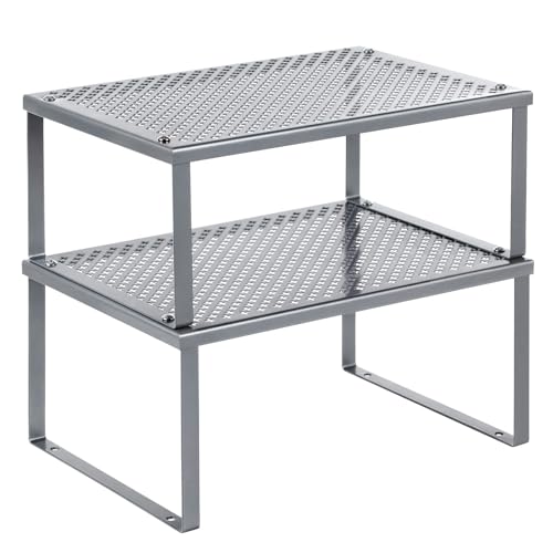 SONGMICS Spice Racks, Set of 2 Metal Cabinet Shelf Organizers, Countertop Organizers, Shelf Risers, Stackable, Expandable, Silver UKCS01SV - color: Silver, size: 9"D x 12.6"W x 6.1"H + 8.6"D x 12.6"W x 5.4"H