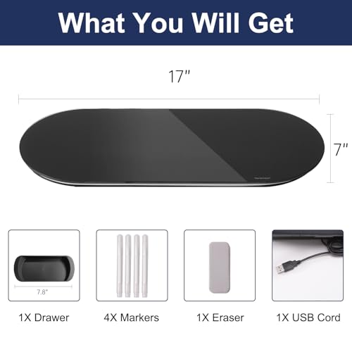 TSJ OFFICE Glass Desktop Whiteboard - 17 X 7 Inches Small Dry Erase Board with Blue Light, Glass White Board Surface Notepad with 1 Drawer, Desk Organizers for Office, Home, School Supplies (Black) - color: Blue Light (Black Glass)