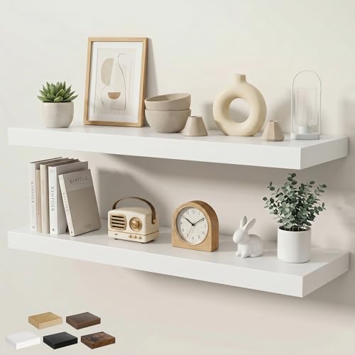 Floating Shelves for Wall 40 in x 9.3 in Deep, Wall Mounted Rustic Wood Shelf with Invisible Brackets for Storage & Display, Living Room Bedroom Bathroom, White, 2 Pack - color: White, size: 40 Inch, 2 pack