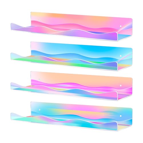4 Pack Iridescent Acrylic Floating Shelves, 15.7" Clear Acrylic Display Shelves Bookshelf Wall Mounted, Bathroom Kids Room Home Storage Wall Decor Ledge Shelf for Skincare, Perfume, Nail Polish - style: 15.7 inch 4-pack, Iridescent