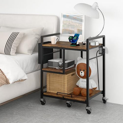 Sedegn Large Printer Stand with Wheels: Lockable Rolling Printer Cart | 24 x 18 Inch Top Fits Laser Printers Shredders and PC Towers 3-Outlet Power Strip and Storage Bag for Home Office (Brown) - color: Brown