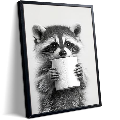 XYHYRA Bathroom Wall Art, Cute Black and White Raccoon Canvas Prints Poster, Funny Animal Decor Oil Painting, Modern Farmhouse Picture Artwork for Bathroom Toilet Wall Decor 12X16 Inch Framed - color: Black and White Animation-D, size: 16"L x 12"W
