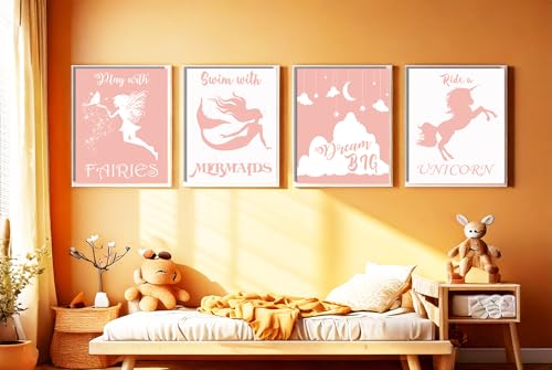 Play With Fairies Ride A Unicorn Swim With Mermaids Dream Big Quotes for Girl's Bedroom Empowerment, Nursery Wonder, Playroom Adventure, Birthday Party Pink Room Accent, Young Dreamer Surprises, Birthday Magic Gifts - 8x10 Unframed Glossy Print Set - styl