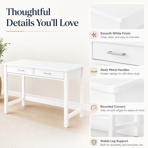 4NM 39.4" Small Desk with Wood Drawers, Home Office Computer Desk with Wooden Legs, Study Writing Table Vanity Desk for Small Spaces - White - color: White