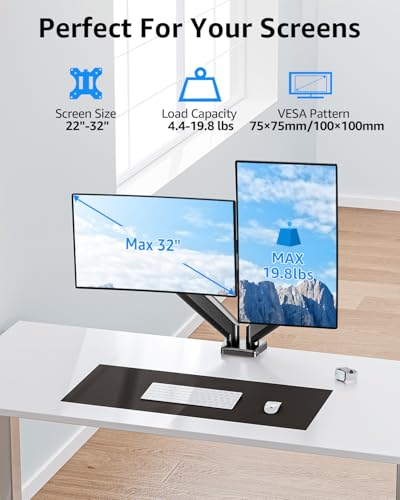 Dual Monitor Stand fits up to 32 inch, 4.4-19.8 lbs Computer Screens, Dual Monitor Desk Mount Height Adjustable, Monitor Arms for 2 Monitors, Home Office VESA Mounts, Freelift Black - color: Black, size: Dual
