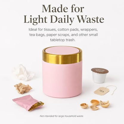 Pink Mini Countertop Trash Can with Lid – Metal Tiny Makeup Vanity Swing-Top Waste Bin, 1.5 L / 0.40 Gal - color: Pink