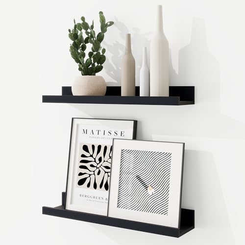 RICHFOCUS Picture Ledge Shelf, 16 inch Floating Shelves Set of 2, Wood Wall Shelves with Lip, Wall Decor Storage for Bedroom Living Room Bathroom Kitchen Nursery Photo Picture, Black - color: Black, size: 16 Inch, set of 2