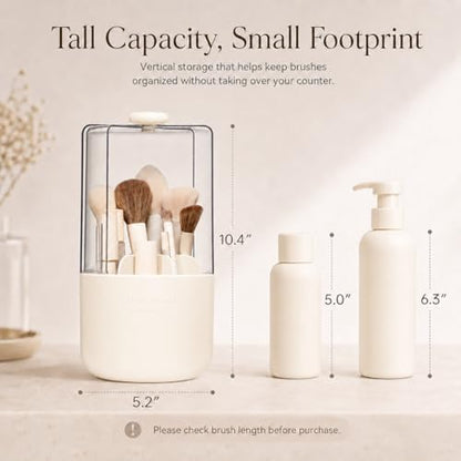 EACHY Makeup Brush Holder with Lid, Rotating Makeup Brush Organizer, Beige | Dustproof Lid, 7 Compartments, Waterproof Plastic, Vanity Makeup Organizer for Brushes - color: Beige