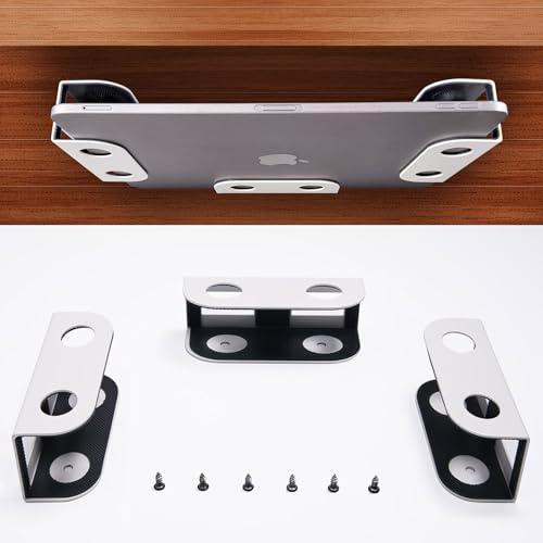 BYMECOST Under Desk Laptop Storage Mount, Metal Under Desk Device Holder, for Devices Up to 1.37" Thick, MacBook, Mini, Keyboard, Router, with Anti-Scratch Silicone (White) - color: White, size: 1.37" without hook