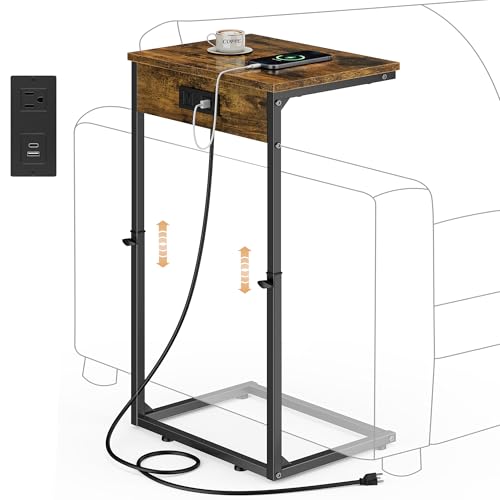 Vagusicc C Shaped End Table with Charging Station, Adjustable Height Side Table for Couch, Small Side Table, 33.2'' Tall Couch Tables that Slide Under, Tv Tray End Table for Living Room, Rustic Brown - color: Rustic Brown (1 Pack), style: With Plug