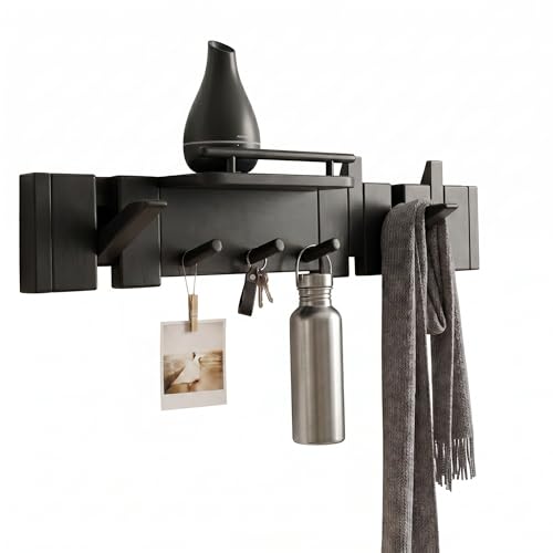 Mid Century Modern Walnut Foldable Entryway Wall Coat Hanger Hook with Shelf,Heavy Duty Wooden Piano Hidden Towel Hooks for Bathroom,Wall Rack for Purse&Key&Mail,Home Decor (Black, 7 Hooks) - color: Black, size: 7 Hooks