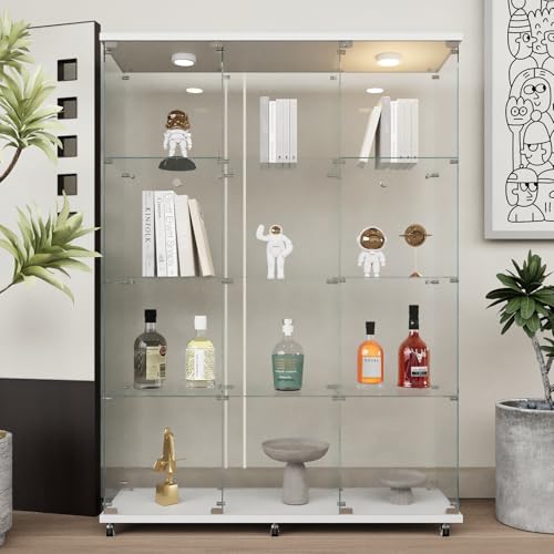 Beauty4U Glass Display Cabinet with LED Lights, Extra Large 3 Columns 2 Doors Curio Cabinets with 12 Shelves for Living Room, Bedroom, Office, White Floor Standing DIY Glass Bookshelf - color: White-led, size: 3-Column 12-Shelf