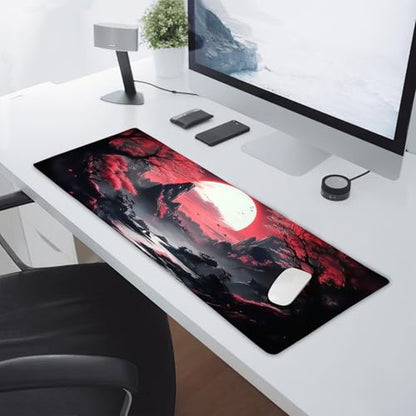 Black Red Japanese Gaming Mouse Pad XL Moon Sakura Cherry Blossom Extended Big Large Desk Mat Non-Slip Rubber Base Stitched Edge Long Keyboard Mousepad for PC Computer Laptop,31.5×11.8 in - color: Red Japanese Sakura, size: X-Large