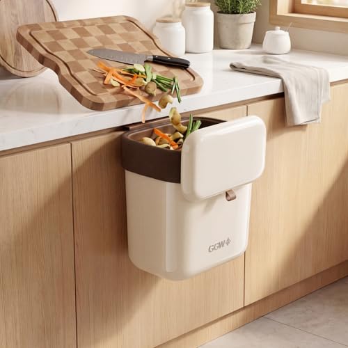 Large 3.9 Compost Bin Kitchen with Lid, Under Cabinet Waste Bin for Kitchen Cupboard, Reusable Waste Container for Office, Bathroom, Bedroom, Cream - color: White
