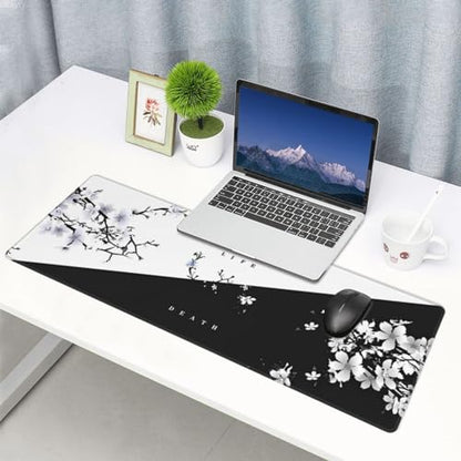 Japanese Life Death Keyboard Mat, Black White Japanese Anime Gaming Mouse Pad for Desk with Anti-Slip Rubber Base and Stitched Edges, Japanese Sakura Pagoda Sun Mouse Pad - color: Life Death