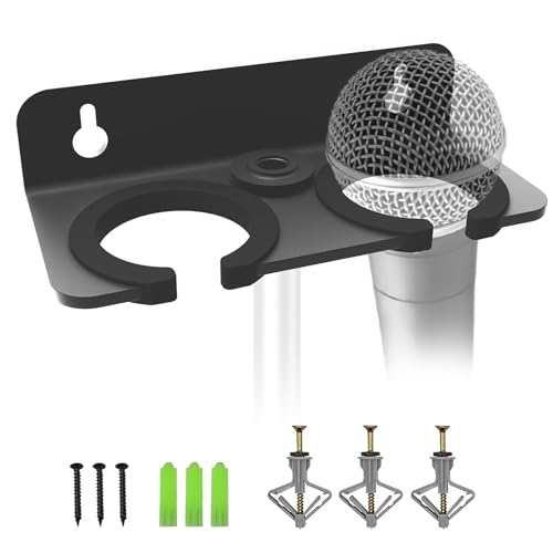 Multi Microphone Holder for Handheld Dynamic, Wired and Wireless Mics Storage Hanger, Double Microphone Stand,Rubber Padding/Wall Mounted or Mounted to 5/8"-27 or 3/8"-16 threaded Stands Attachment - size: Black Mic Holder