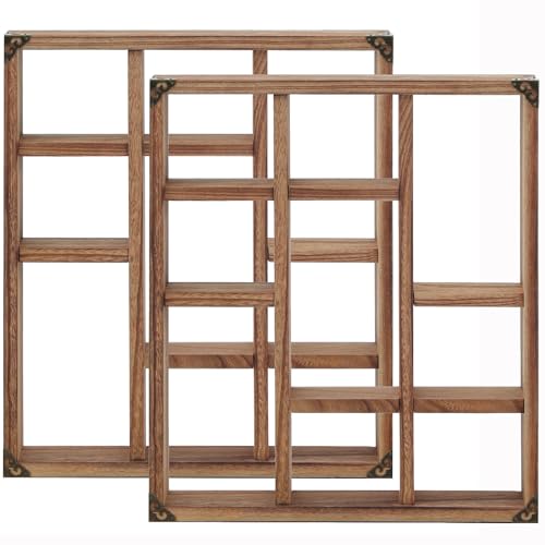 17.7x15.7-Inch Shadow Box Shelf 9-Slot Rustic Wood Floating Shelves Larger Shelf Lightweight Solid Wood Display(Set of 2,9C-Brown) - color: 9c-brown, size: 2 PCS