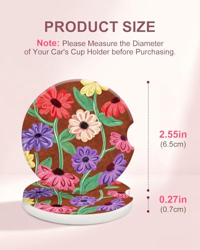 Swooflia Car Coasters for Women - Bright Floral Car Cup Coasters Absorbent Cup Holder Coasters for Car 2 Pcs Ceramic Car Coasters with Cork Base Car Interior Accessories - color: Vintage Brown Flower