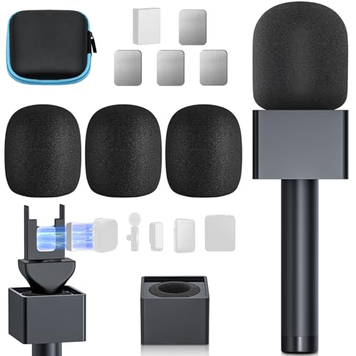 Handheld Adaptor for Interview Mic, Mic Handle Compatible with DJI 1/2/3/Mini 1/2, Rode and All Lav Microphone, Wireless Microphone Holder with 3 Pop Filter and Flag Station for Vlogging, Reports