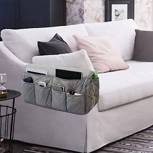 Armchair Caddy, Sofa Armrest Organizer with 14 Pockets, Waterproof Non Slip Recliner Remote Control Holder, Couch Chair Arm Storage for TV Remotes, Phone, iPad, Magazine, Books - color: Gray