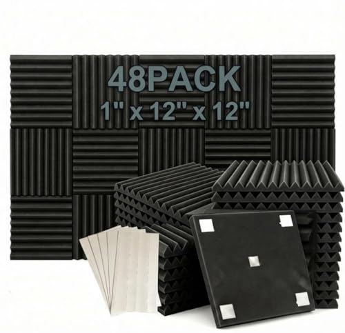 50 Pack Black 12 "X 12 "X1" Acoustic Panels Studio Soundproofing Foam Wedge Tiles(Accompanied By Double-Sided Adhesive Tape) - color: Black