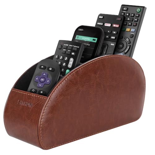 SITHON Remote Control Holder with 5 Compartments - PU Leather Remote Caddy Desktop Organizer Store TV, DVD, Blu-Ray, Media Player, Heater Controllers, Brown - color: Brown, size: Small