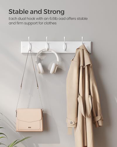 SONGMICS Set of 2 Wall-Mounted Coat Rack, Hook Rack, 8 Dual Metal Hooks, for Coats, Bags, Keys, in the Entryway, Bedroom, Living Room, White ULHR232W01 - color: White, size: 2 Pack-4 Hooks