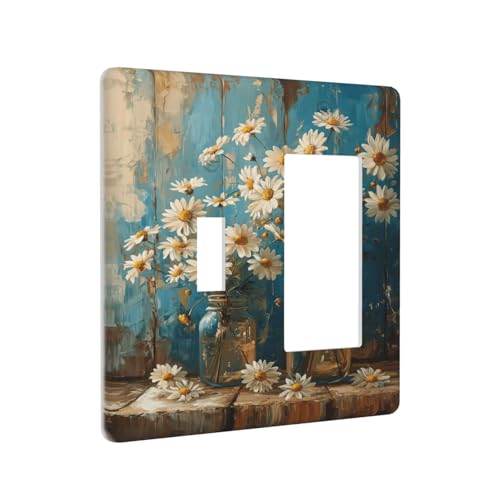Delicate White Daisy Jars Retro Wood Background Outlet Covers 1 Toggle 1 Rocker Combination Decorative Wall Plate Electrical Switch Plates Light Switch Cover Plate for Farmhouse Home Decor - color: Delicate White Daisy Jars Retro Wood Background, size: 1