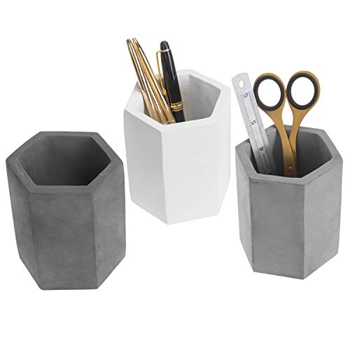 MyGift Set of 3 Cement Decorative Hexagon Multi-Colored Desktop Pen Holder and Pencil Office Supply Stationary Storage Cups (White, Gray, Black) - color: Black-gray-white