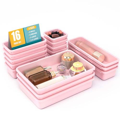 16 PCS Drawer Organizer Set, 4 Size Makeup Drawer Divider Organizer With Non-Slip Pads, Interlocking Plastic Storage Bins for Office,Jewelry Vanity,Gadgets, Bathroom,Kitchen, Pink - color: Pink, size: 16Pack