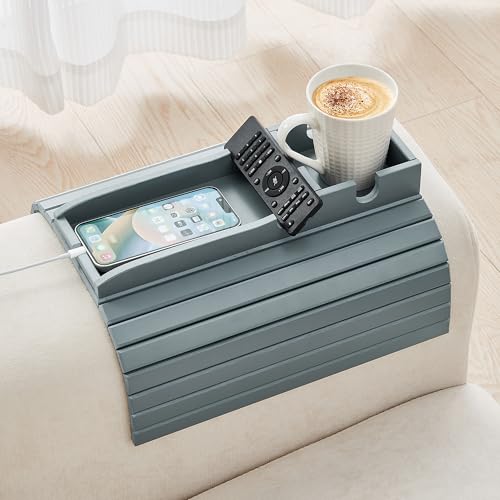 GEHE Bamboo Couch Cup Holder, Anti-Spill Sofa Arm Tray, Natural and Easy to Clean Couch Arm Cup Holder Armrest Tray Perfect for Cups, Beers, Snacks, Remote Control, Drinks - color: Light Blue