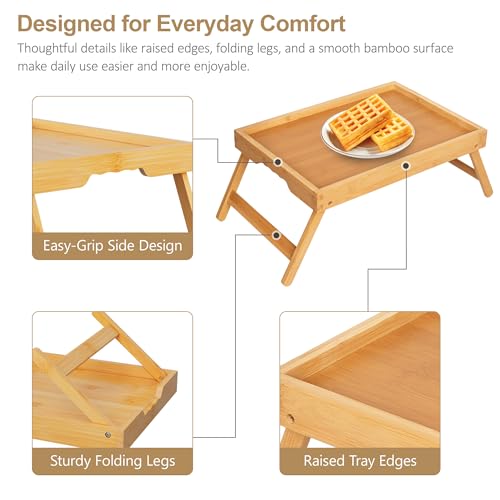 Breakfast Tray with Folding Legs Set of 2, Bamboo Bed Tray Table 15.7" Foldable TV Dinner Tray with Ergonomic Wave Handles for Bed Couch Sofa, Breakfast, Snacks, Coffee, Natural - color: Natural, size: Medium
