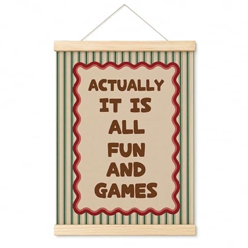 DEQSX Funny Gaming Game Room Wall Art Hanging Poster, Retro Red and Green Actually It Is All Fun and Games Canvas Prints Wall Decor for Game Room Playroom Bedroom Home, 12x16 Inches