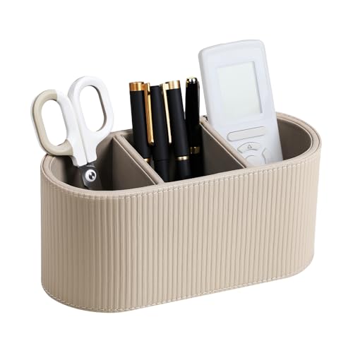 Aesthetic Remote Control Holder, PU Leather Pen Holder for Desk with 3 Compartments for Home Office Supplies and Accessories, Stylish Bedside Remote Holder Nightstand Desktop Organizer (Beige) - color: Beige