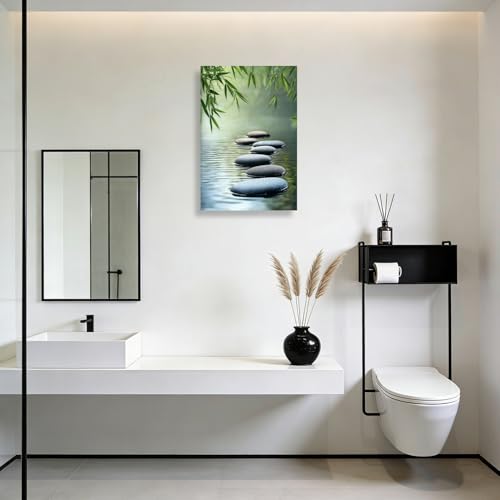 DONGLEHUA Zen Stones Bathroom Wall Art Zen Wall Decor Meditation Spa Poster Stones in Water Pictures Bamboo Prints for Yoga Room Living Room Home Decor Ready to Hang(Artwork-2,24" L x 16" W)
