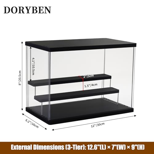 Acrylic Display Case with Adjustable LED Light, 3 Tier Clear Display Box Dustproof Showcase for Action Figures, Collectibles and Mini Toys, Assembly Display Cabinet(Black 12.5×6.7×9in) - color: Black, size: 3 Tier 12.5×7×9in